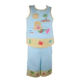 Good Lad Spring/Summer Embroidered Mermaid Applique Baby Blue and Yellow Gingham Girls Capri Pant Set